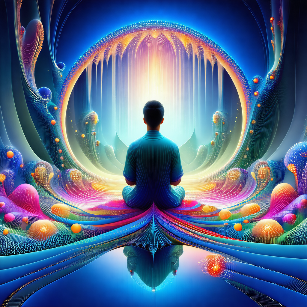 Man sitting in a lotus position, surrounded by a vibrant ...