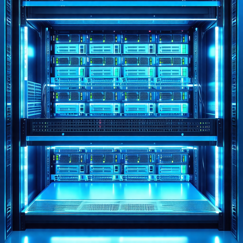 Large blue server room with a row of servers lined up