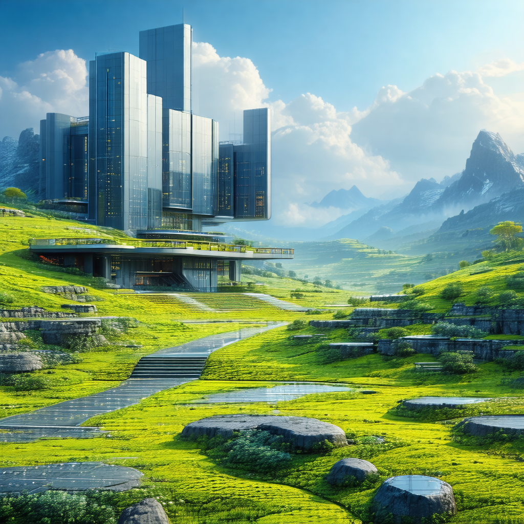Digital painting of a futuristic city with a large buildi...