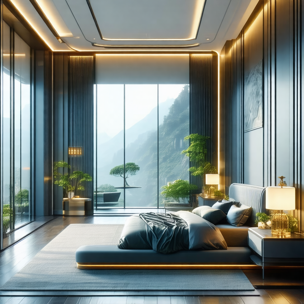 Large, modern bedroom with a large bed situated in the ce...