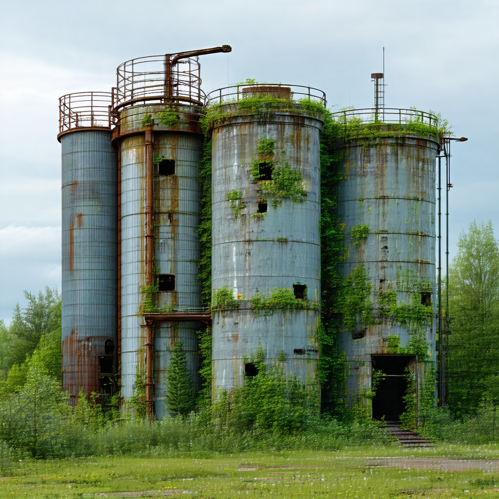 Large, old, and rusted industrial building with a clock t...