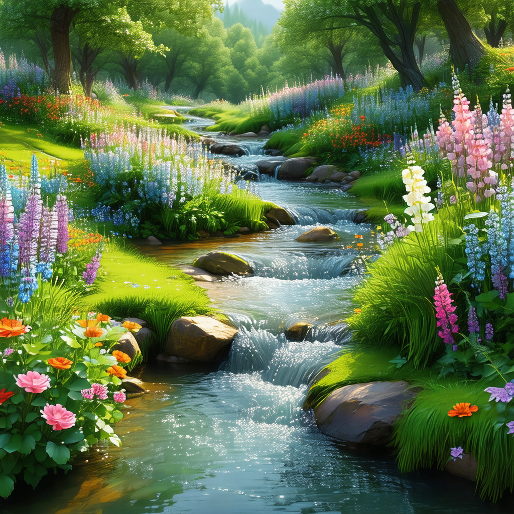 Beautiful, lush green field with a small stream flowing t...