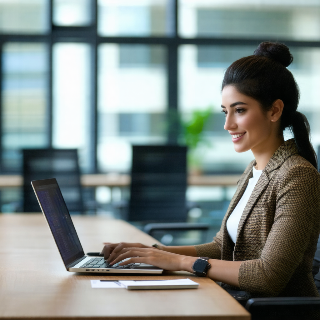 Woman sitting at a desk, working on a laptop computer