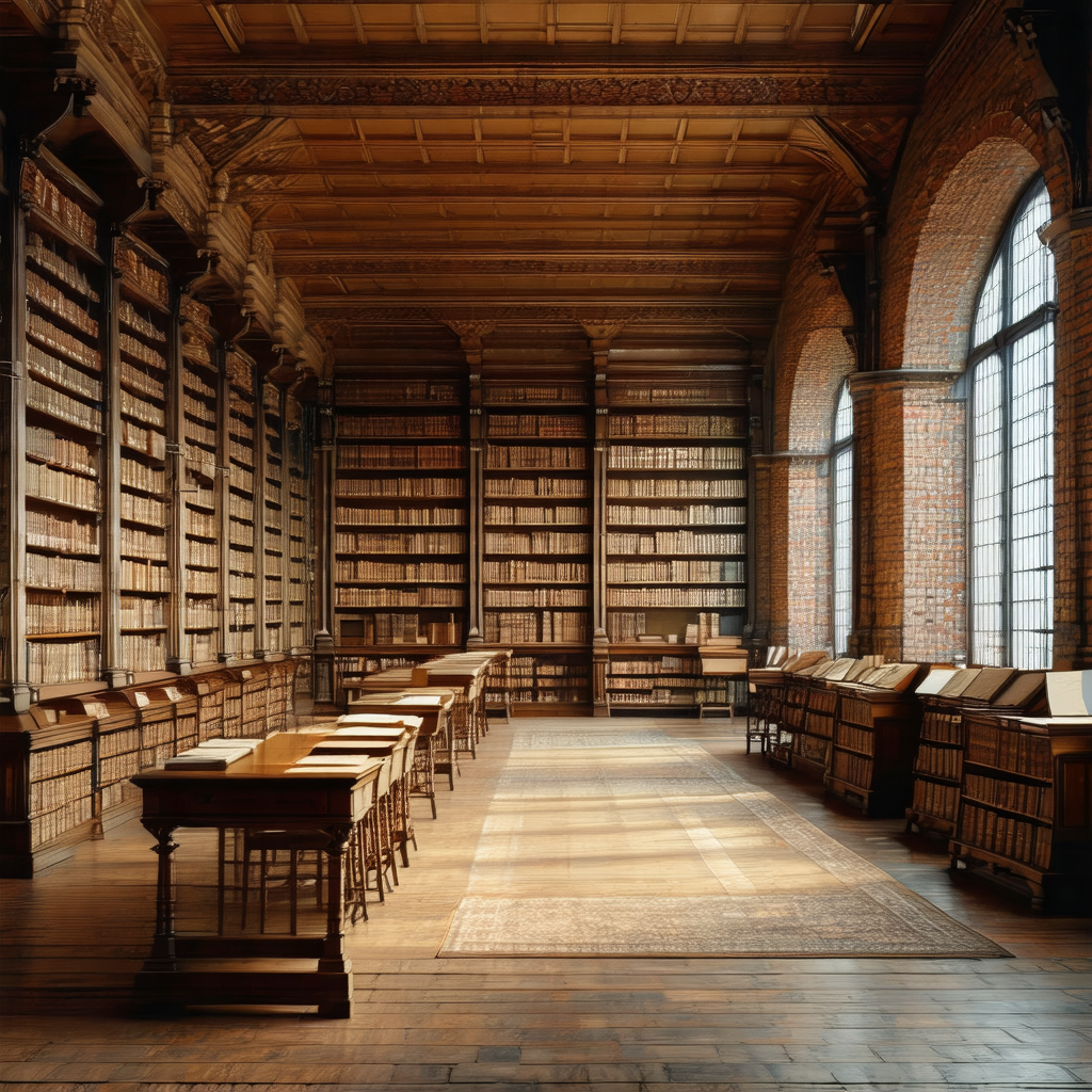 Large, well-lit library filled with numerous wooden table...