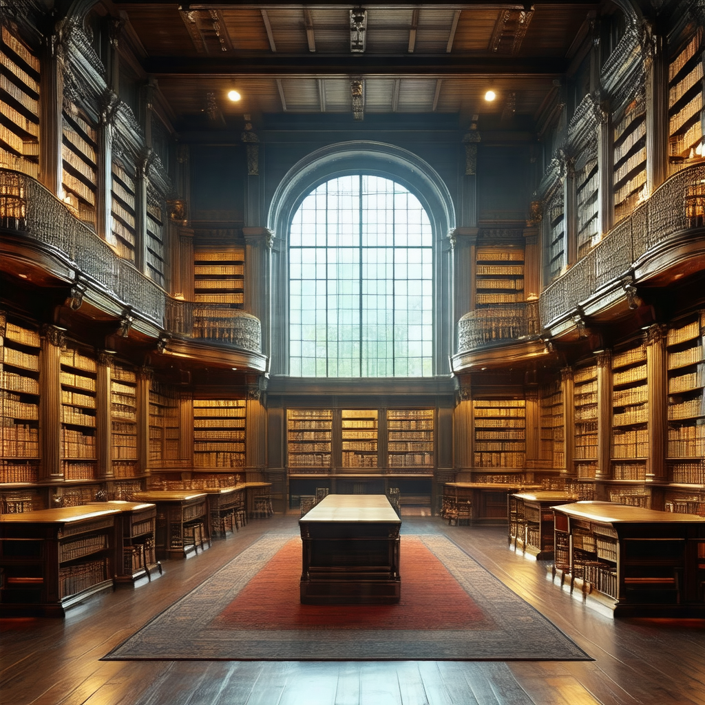 Large, ornate library filled with numerous books