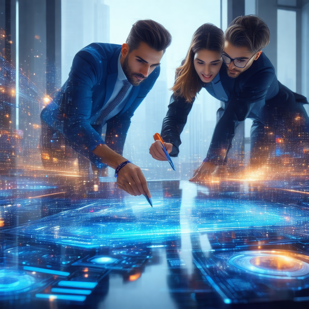 Three people standing in front of a large, interactive di...