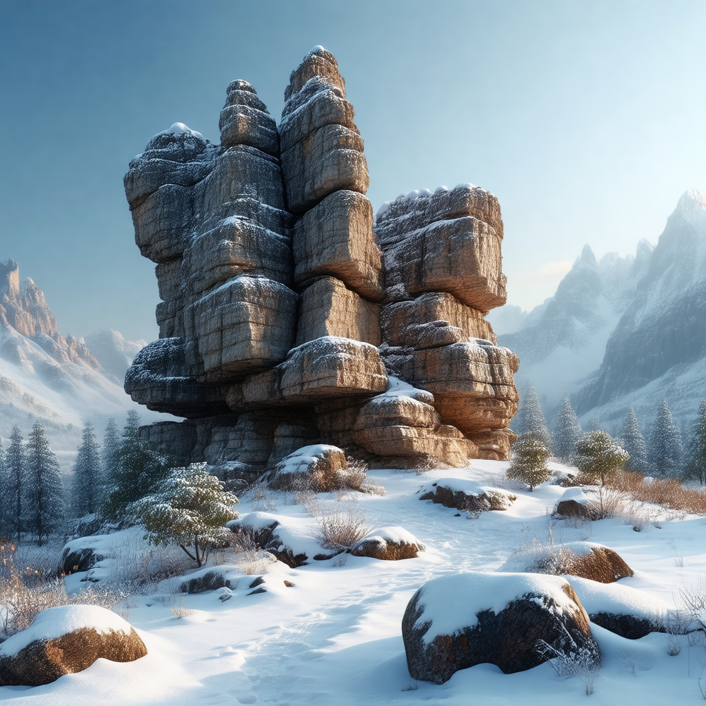 Large rock formation in the middle of a snowy landscape