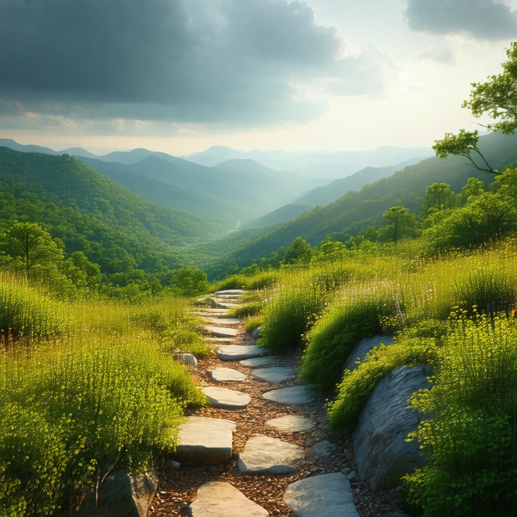 Scenic mountain trail with a dirt path leading through a ...