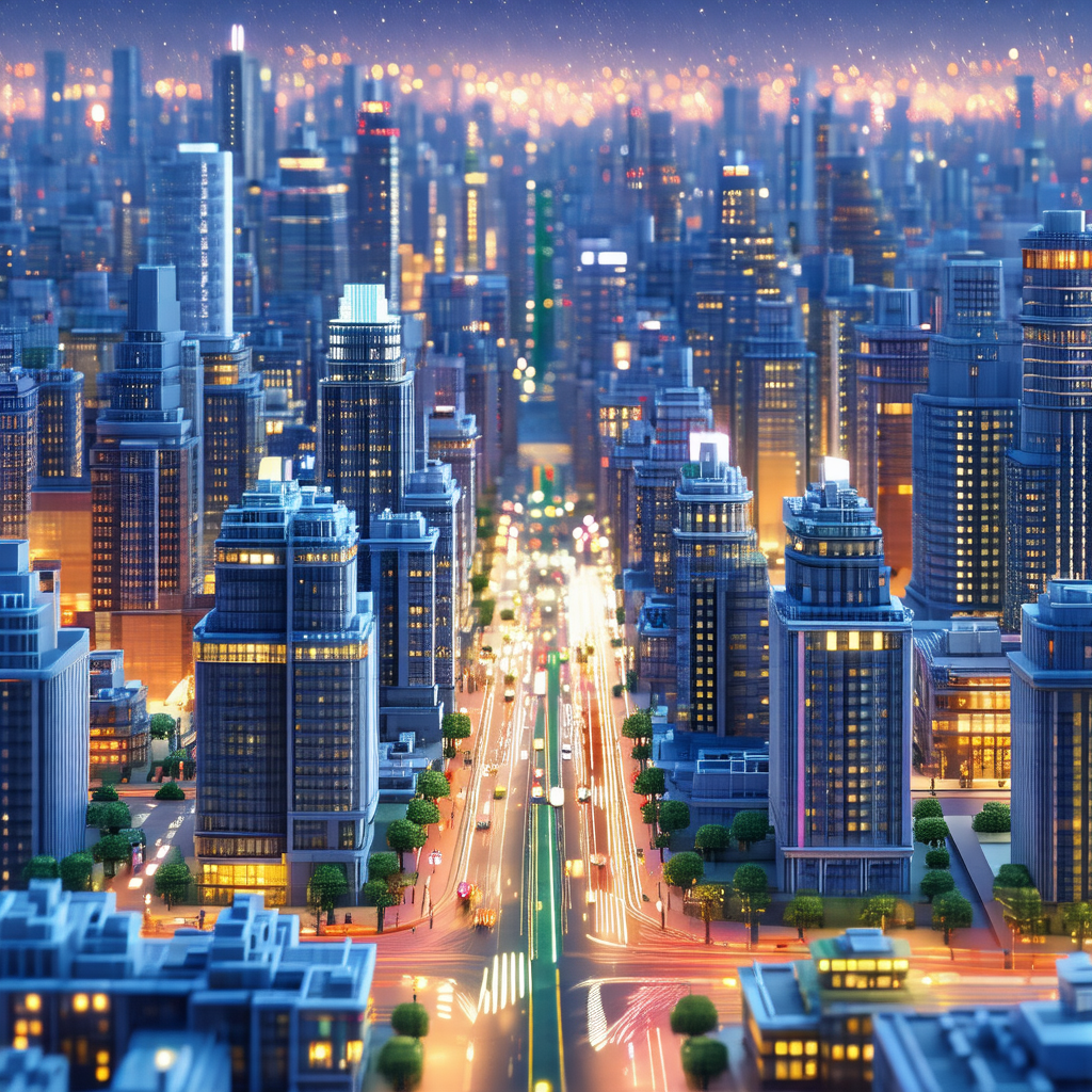 Nighttime cityscape featuring a large city with tall buil...