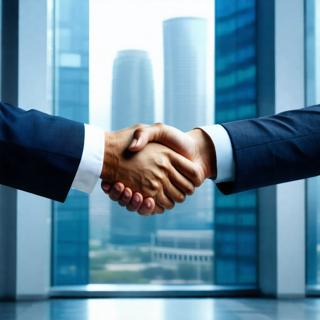 Two men shaking hands in a business setting