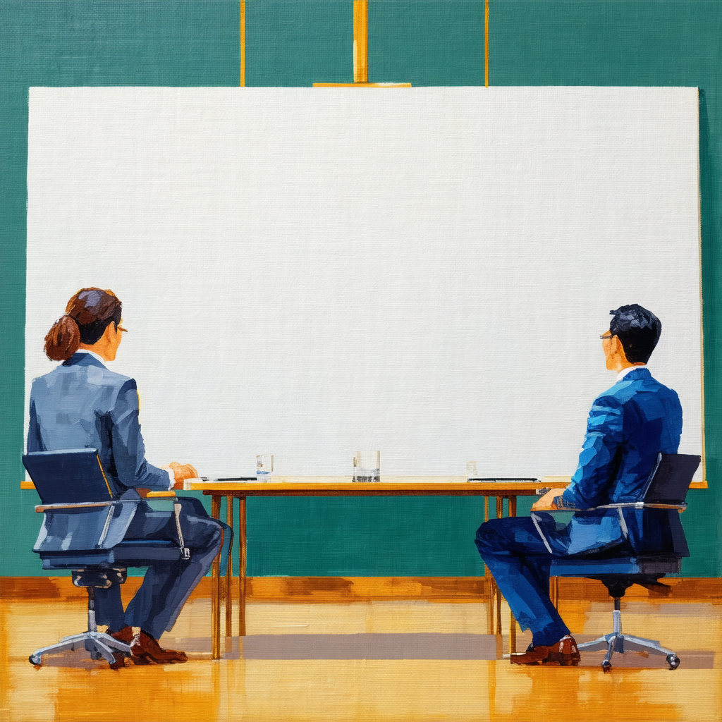 Man and a woman sitting at a conference table, engaged in...
