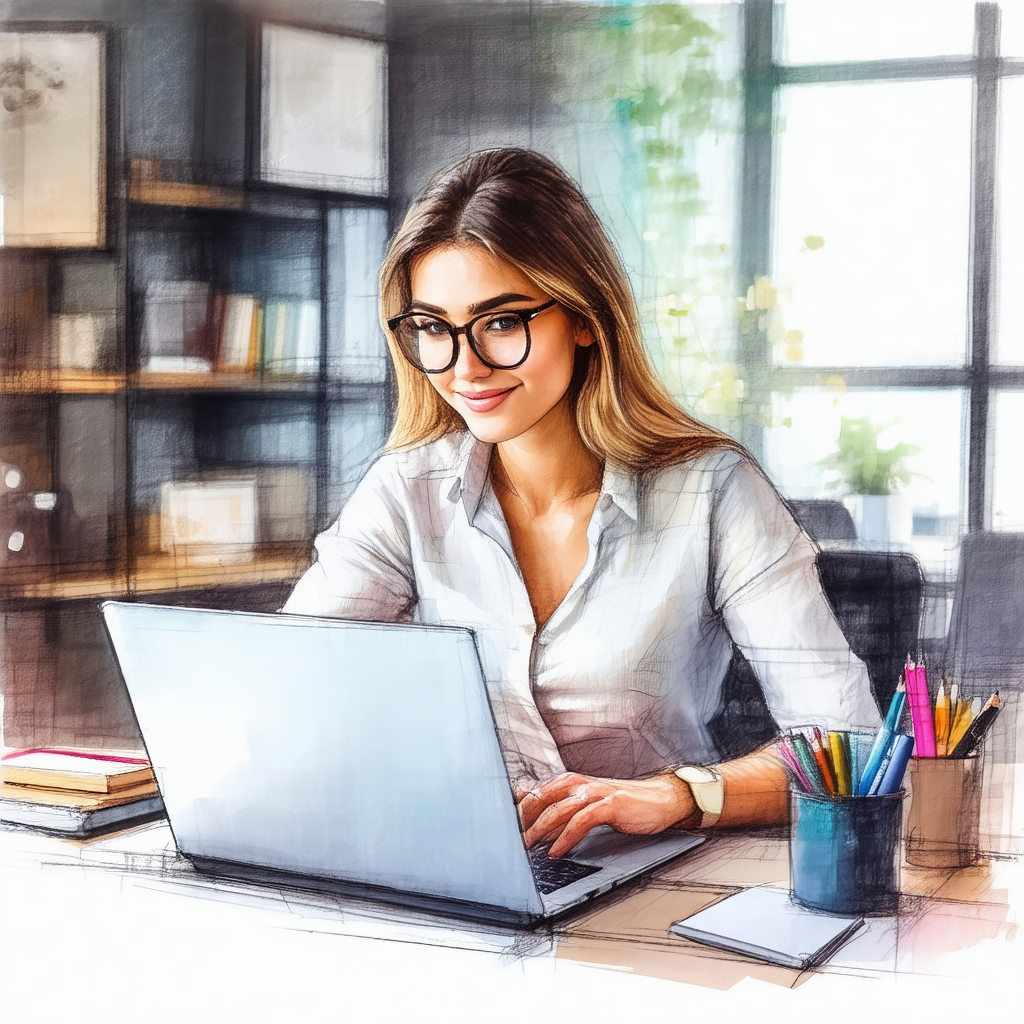 Woman sitting at a desk, working on her laptop