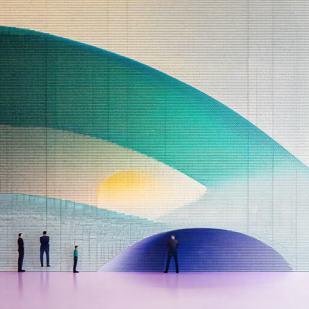Group of people standing in front of a large, colorful wall