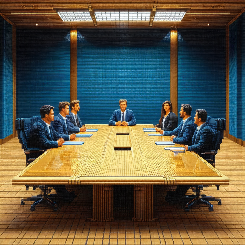 Group of people sitting around a large wooden table in a ...