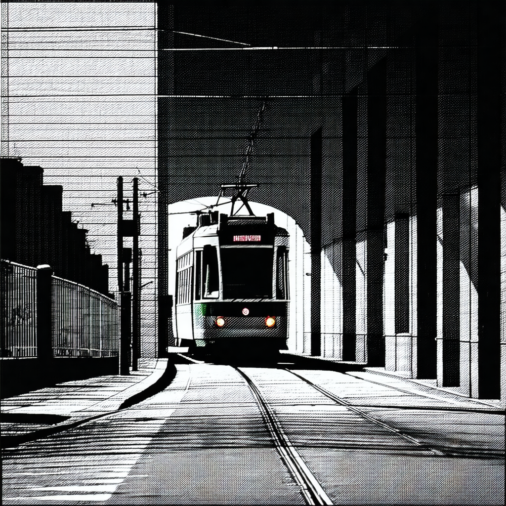 Black and white photo of a train traveling down the tracks
