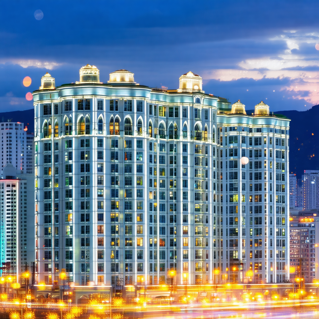 Nighttime view of a large city, featuring a tall building...