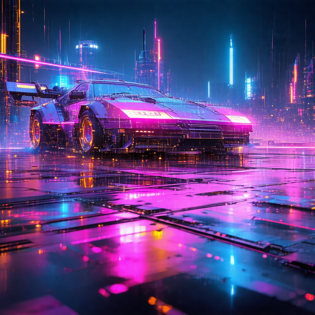 Futuristic cityscape with a brightly colored car driving ...