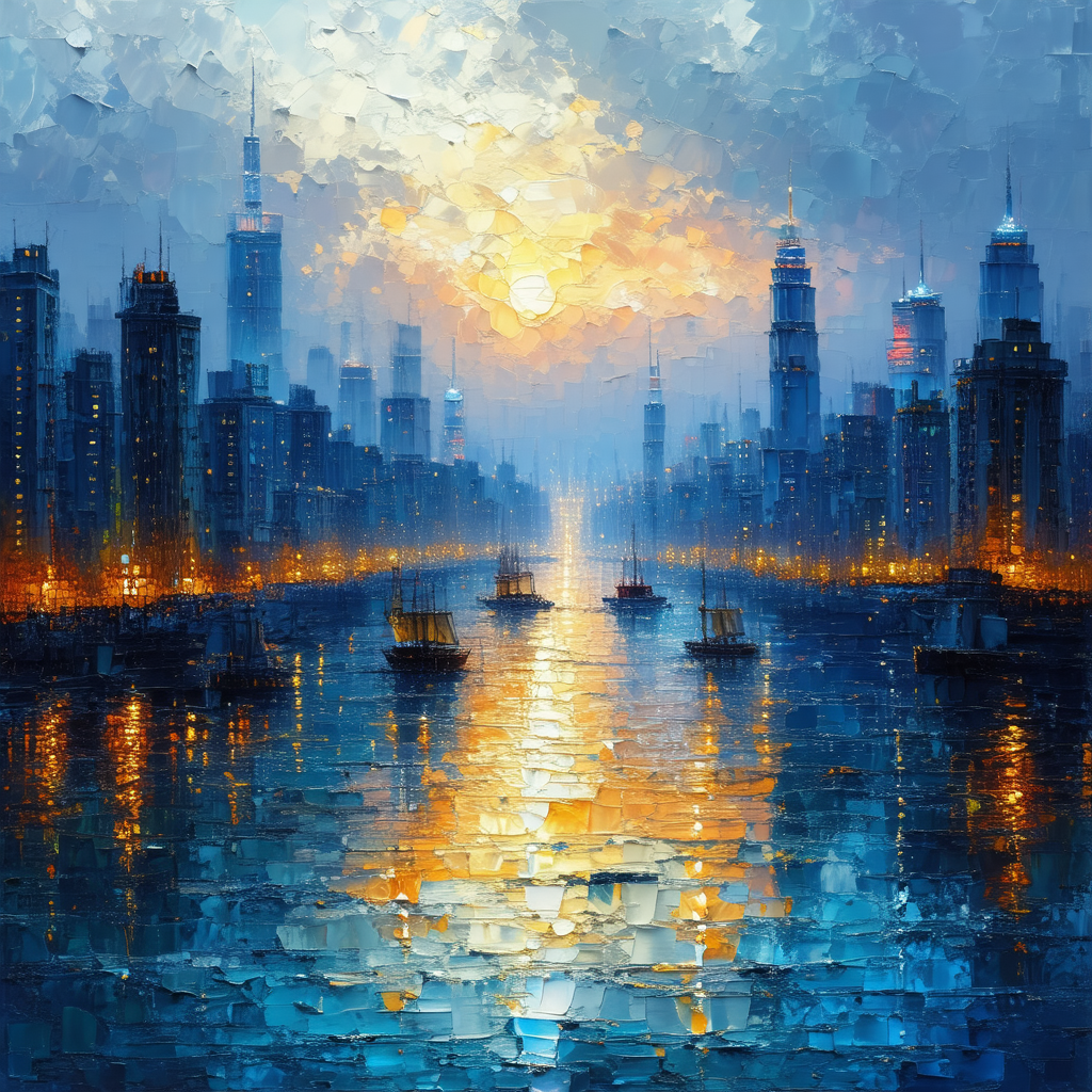 Painting of a city skyline at dusk, with a large body of ...