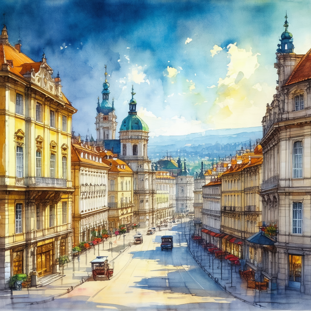 Painting of a city street with a row of buildings on one ...