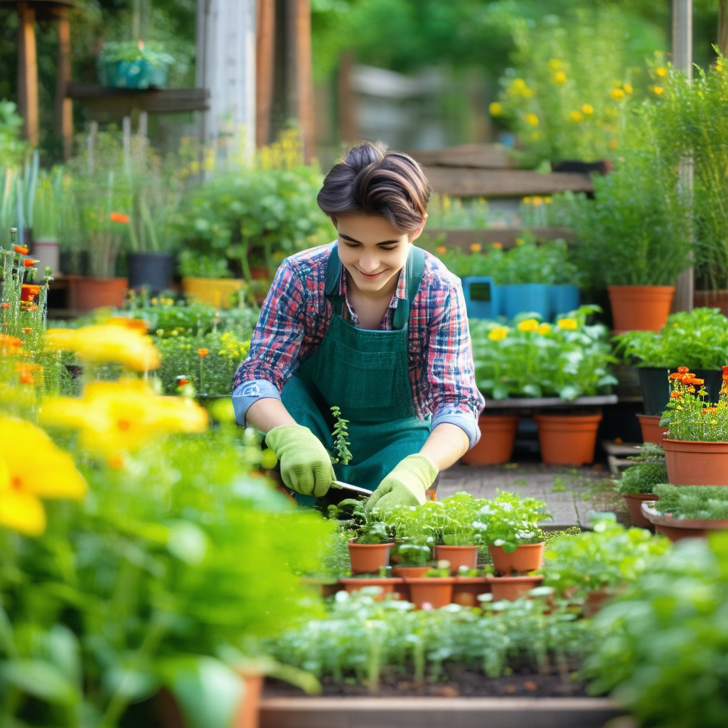 Young man wearing a green apron, standing in a garden and...