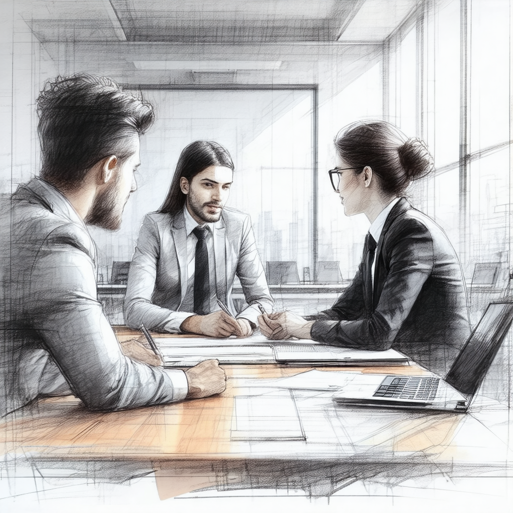 Drawing of three people sitting around a table, engaged i...
