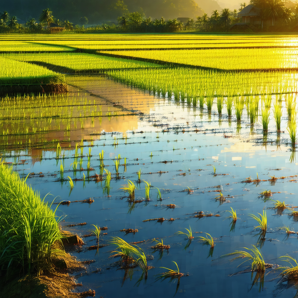 Large field of rice, with the sun shining on the crop