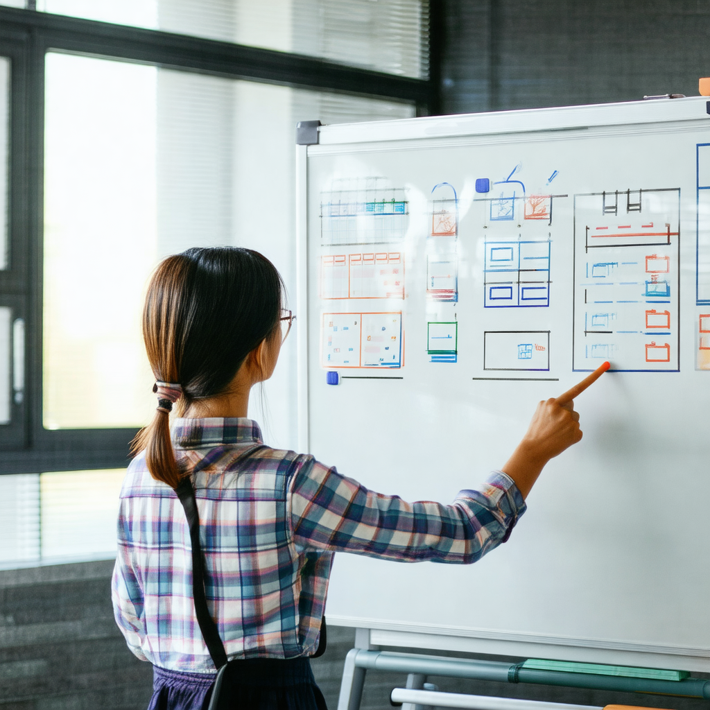 Woman standing in front of a whiteboard, pointing at a di...