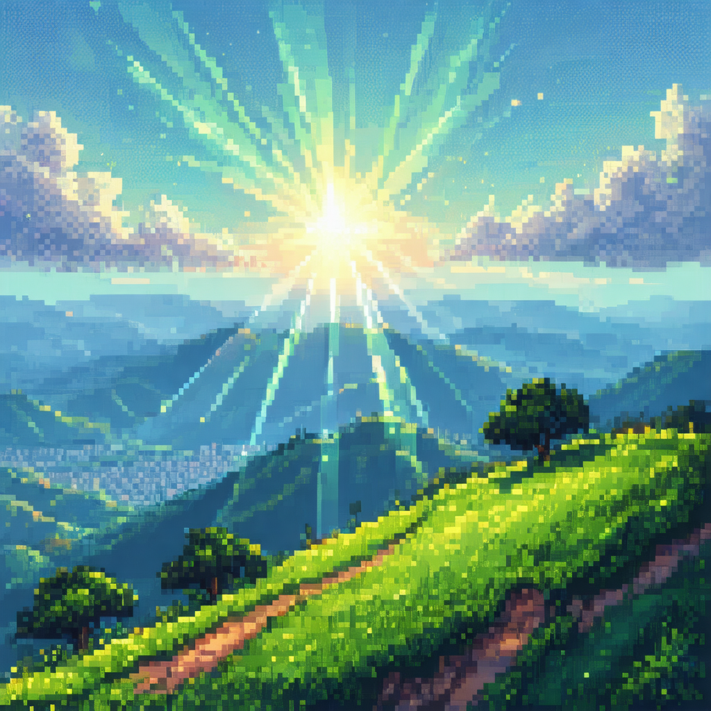 Colorful, hand-drawn illustration of a sunrise over a lus...