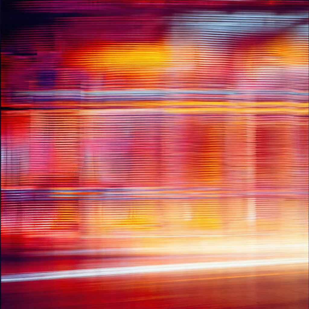 Blurry, colorful photo of a building with a red and yello...