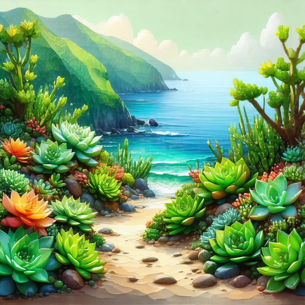 Beautiful beach scene with a sandy shore and a lush green...