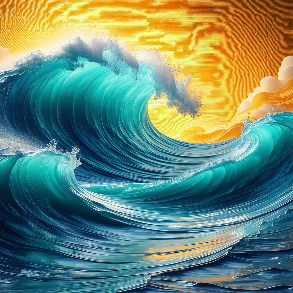 Large, blue ocean wave with a yellow sun in the background