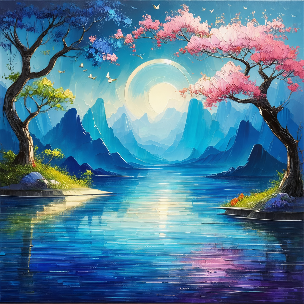 Serene scene of a lake at night, with a beautiful view of...