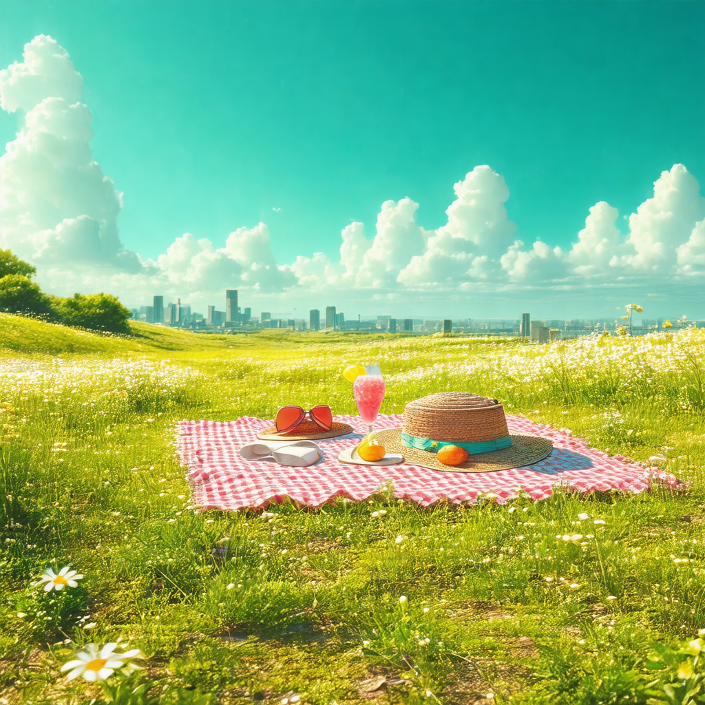 Red and white checkered blanket placed on a grassy hillside