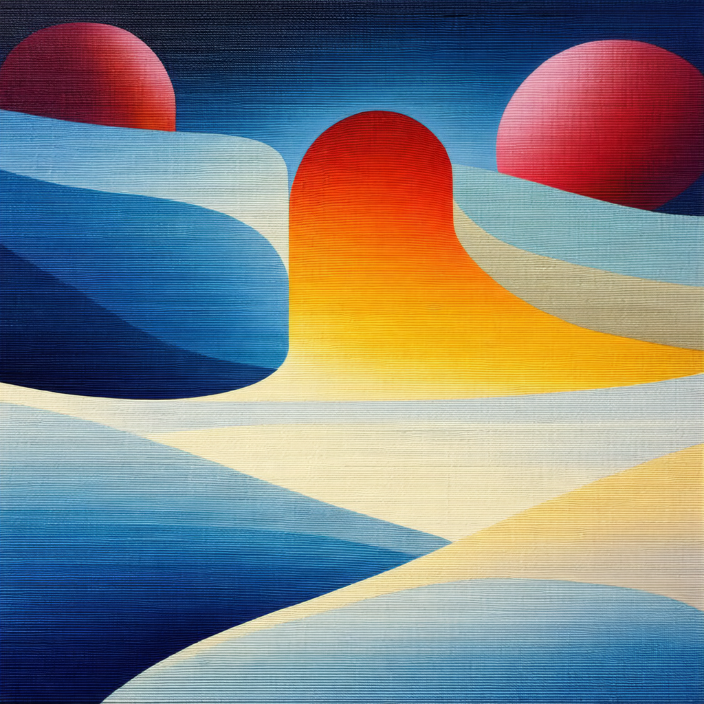 Painting of a landscape with a blue sky and a yellow sunset