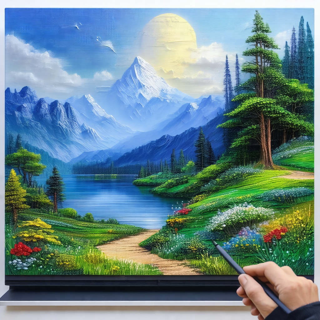 Painting of a mountainous landscape with a person standin...