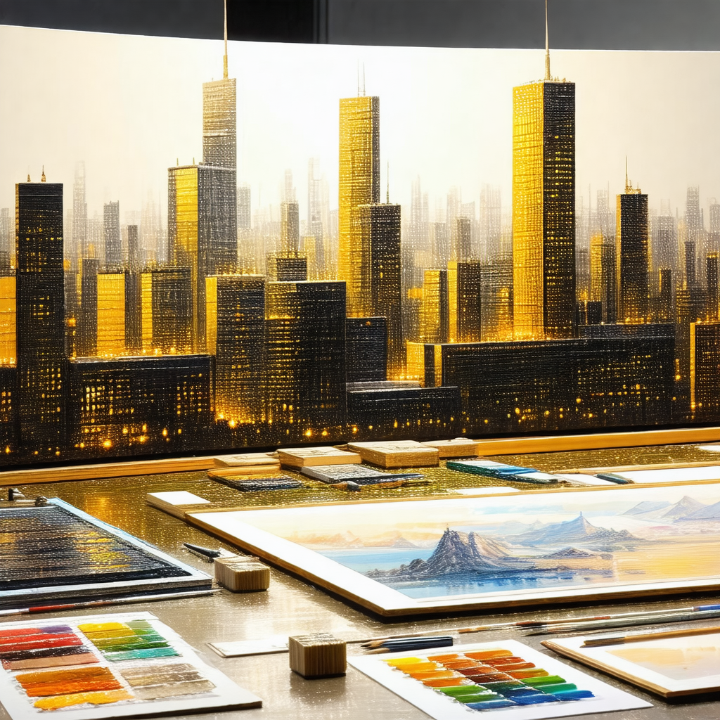Large painting of a cityscape, showcasing a beautiful cit...