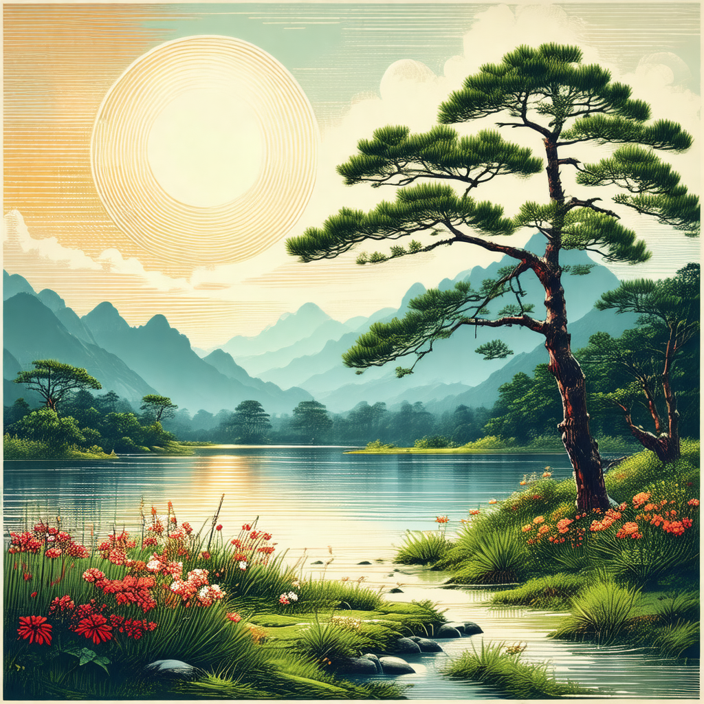Serene scene of a tree standing next to a body of water, ...