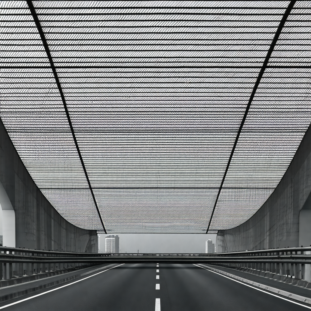 Black and white photo of a highway with a bridge above it