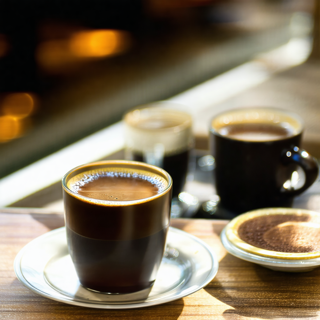 Wooden dining table with three cups of coffee placed on it