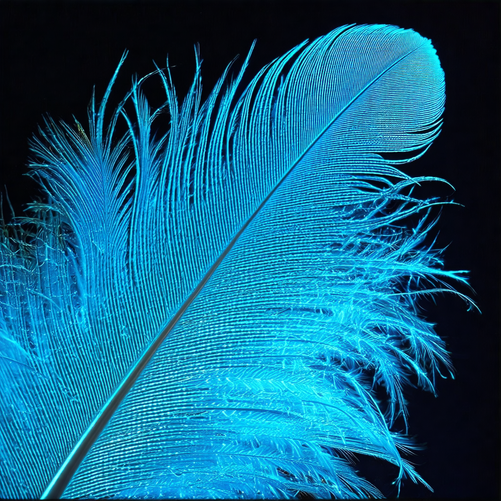 Blue feather, likely a peacock feather, with a long tail