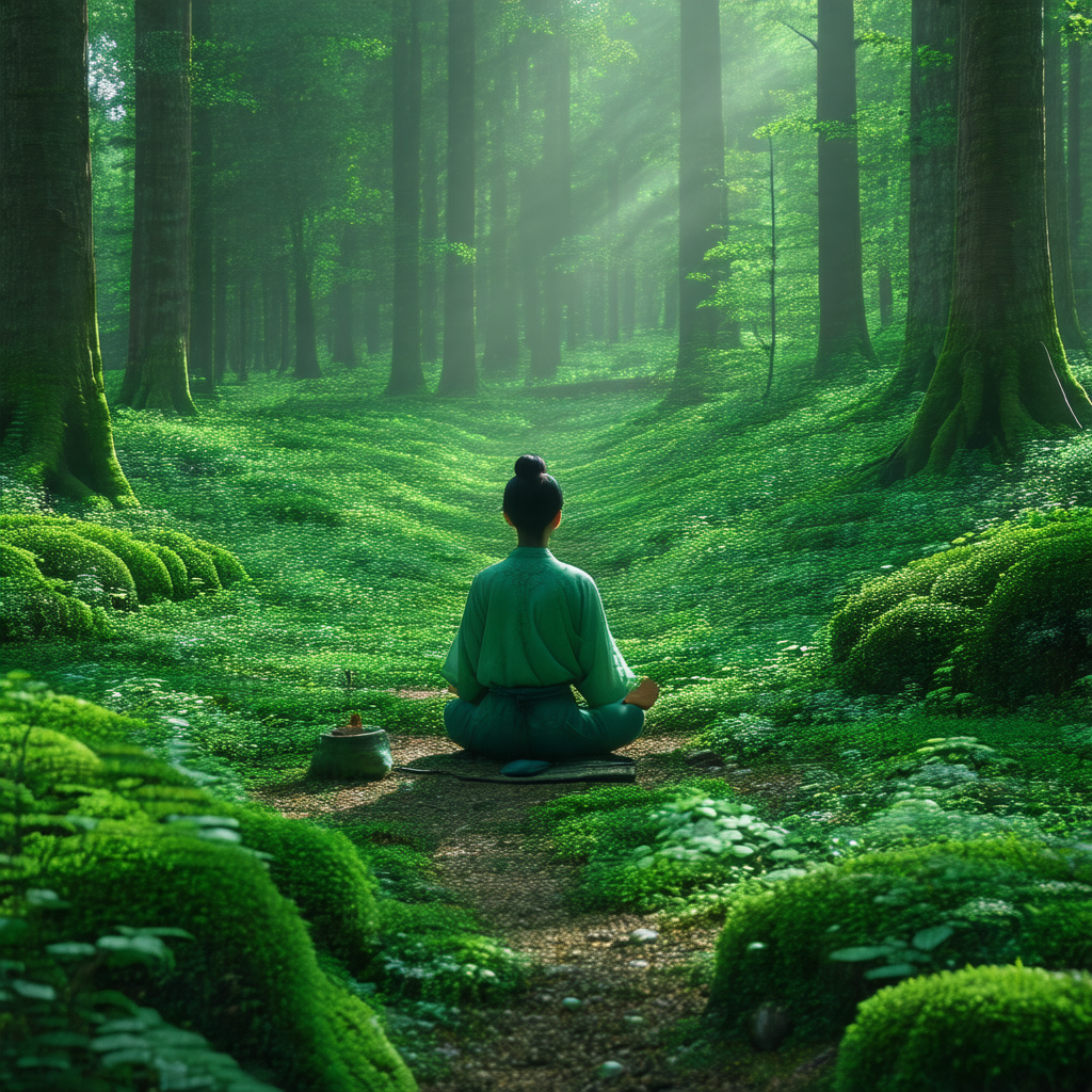 Woman sitting in a forest, surrounded by trees and greenery
