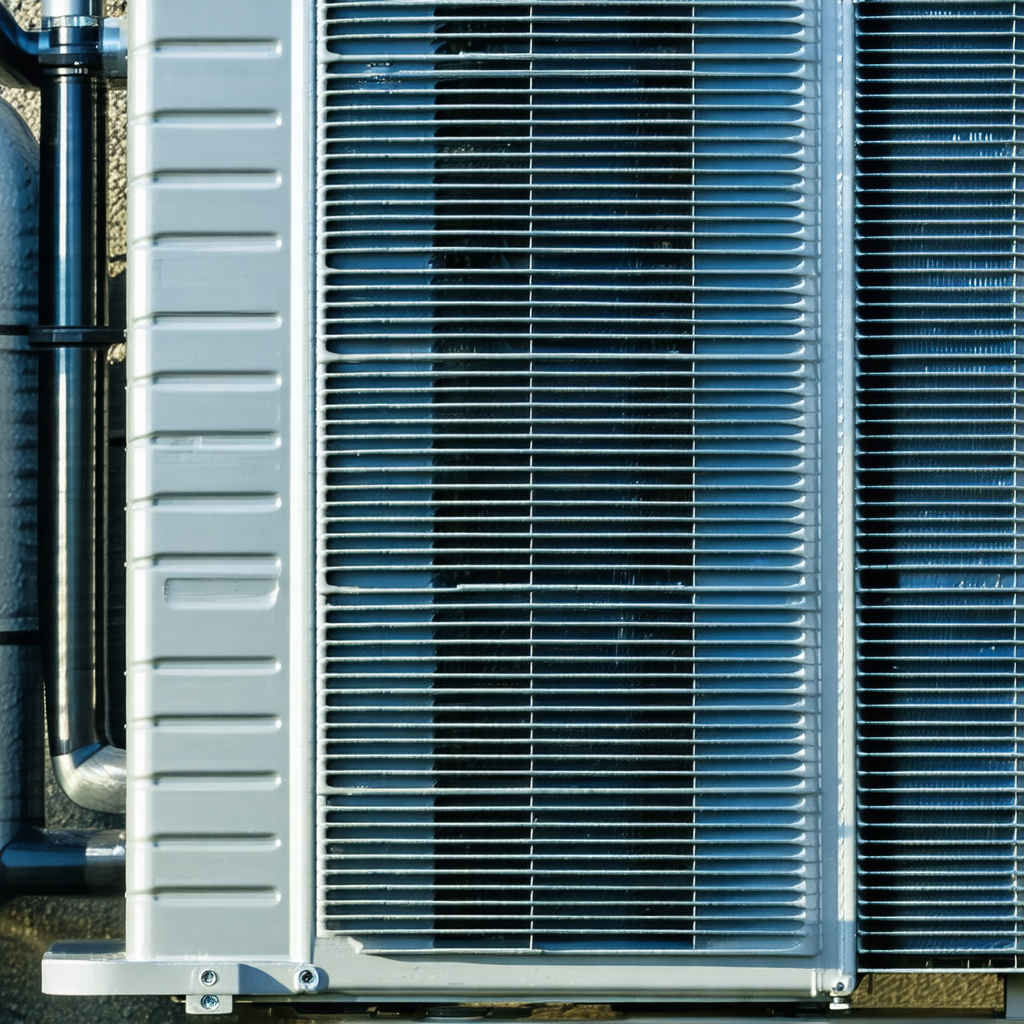 Large white air conditioning unit with a metal casing