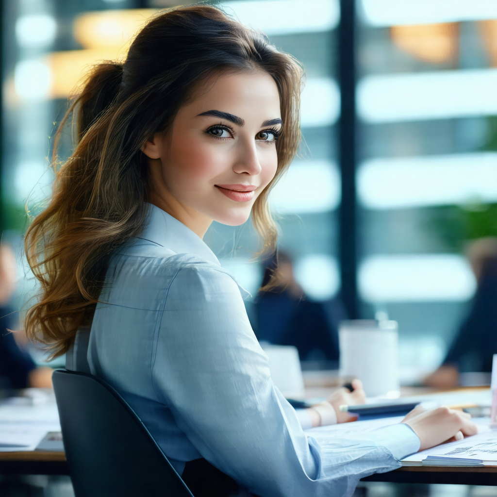 Woman sitting at a desk, smiling and looking at the camera