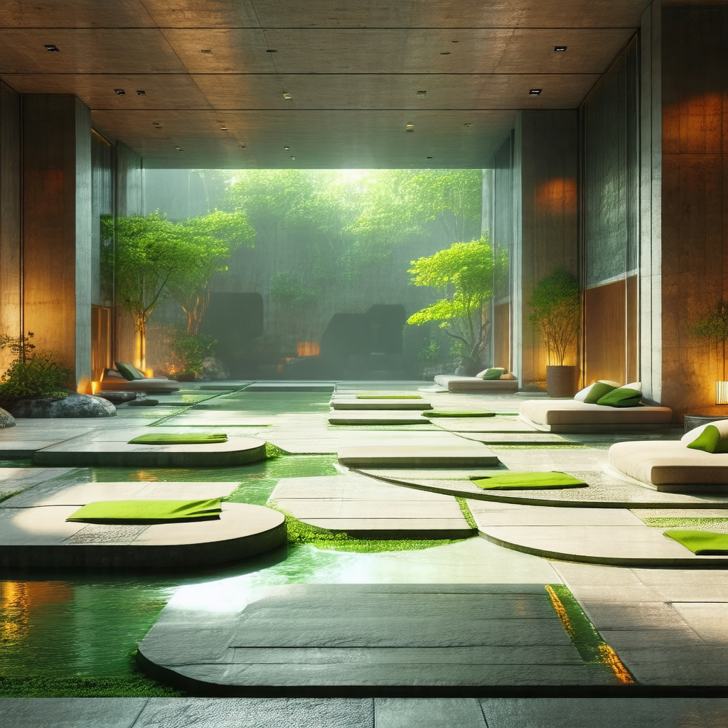 Large, open, and modern building with a large pool in the...