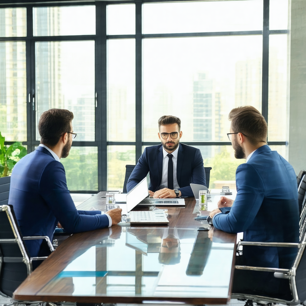 Group of three men sitting around a glass table in a conf...