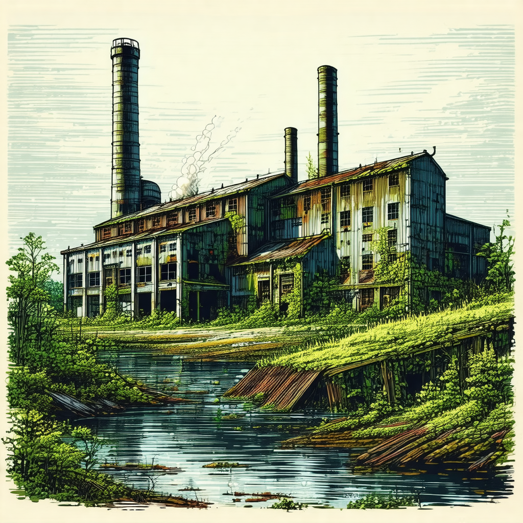 Black and white drawing of a large industrial building wi...