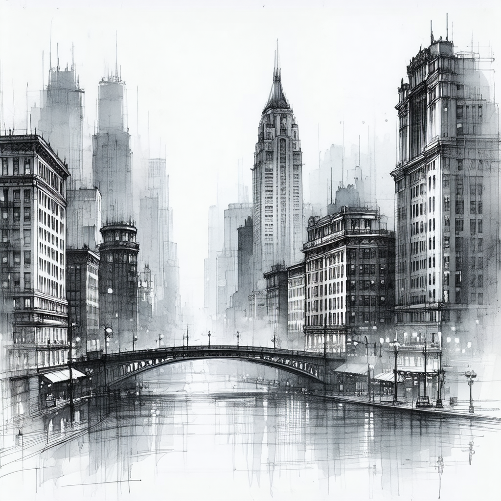 Black and white drawing of a cityscape featuring a large ...