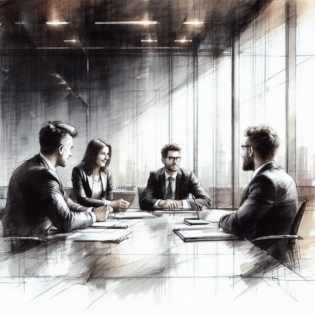 Black and white drawing of a group of people sitting arou...