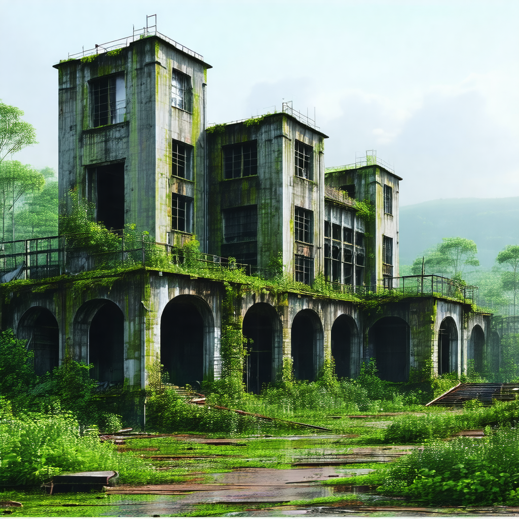 Large, old, and abandoned building with a green roof