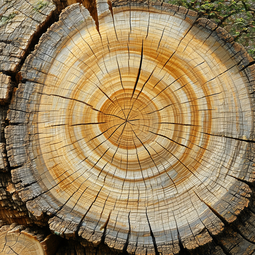 Large, old tree trunk that has been cut in half, revealin...